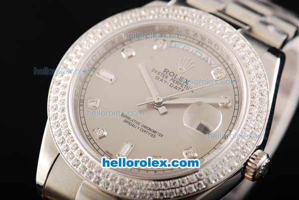 Rolex Day Date II Automatic Movement Full Steel with Double Row Diamond Bezel with Diamond Markers and Grey Dial - Click Image to Close